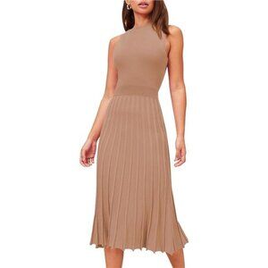 Women's Crew Neck Sleeveless High Waisted Dress Light Brown